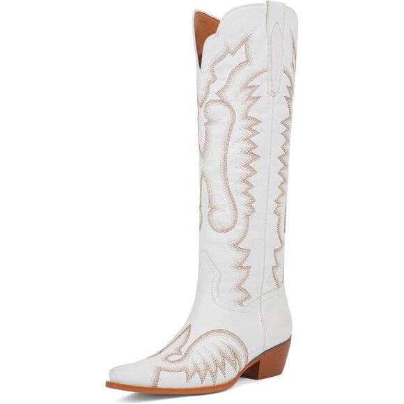 Shoes - Women's White Western Cowboy Boots Knee High Chunky Heel Embroidery Boots